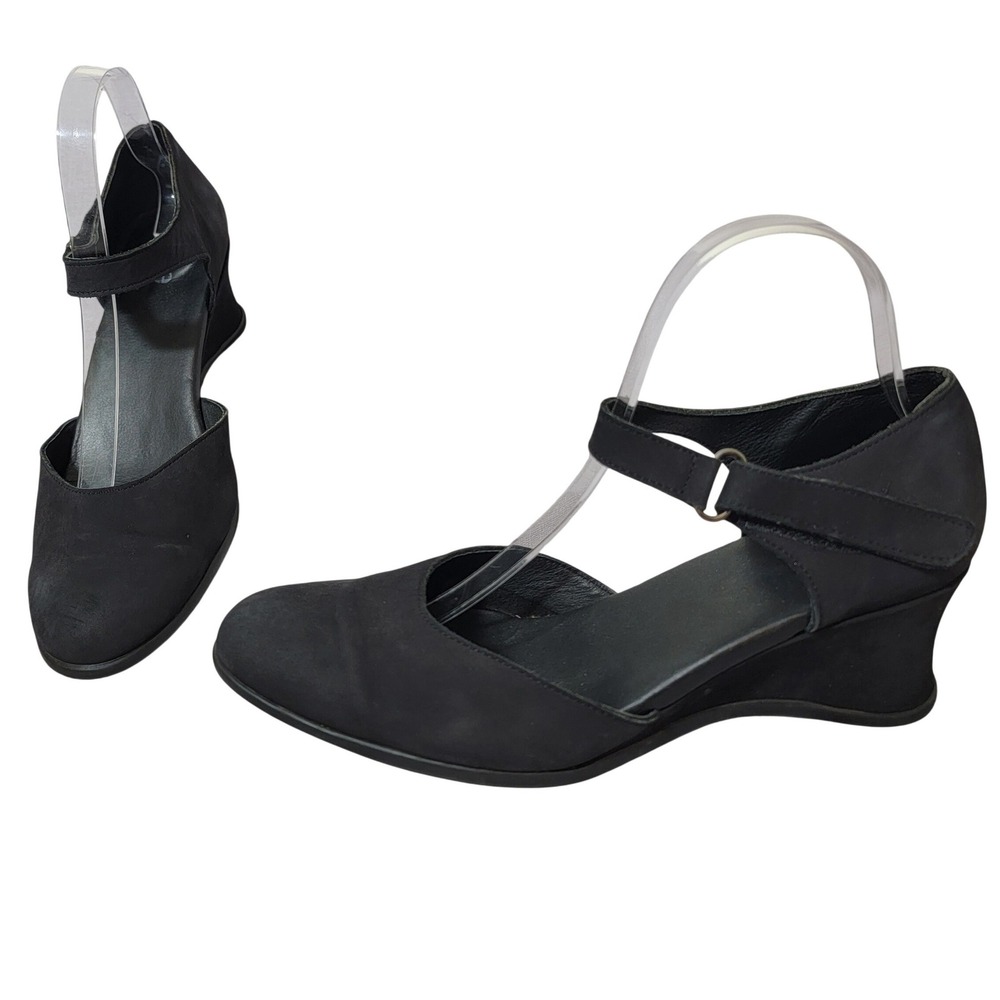 Arche Black Nubuck Leather Mary Jane Wedge Shoes D Orsay Made in France Size 40‎